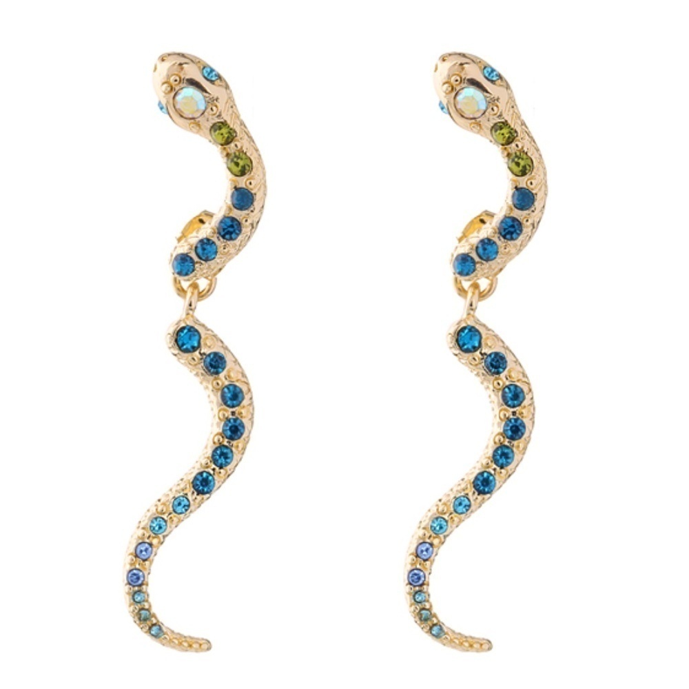 Goldtone Blue Crystal Snake Earrings